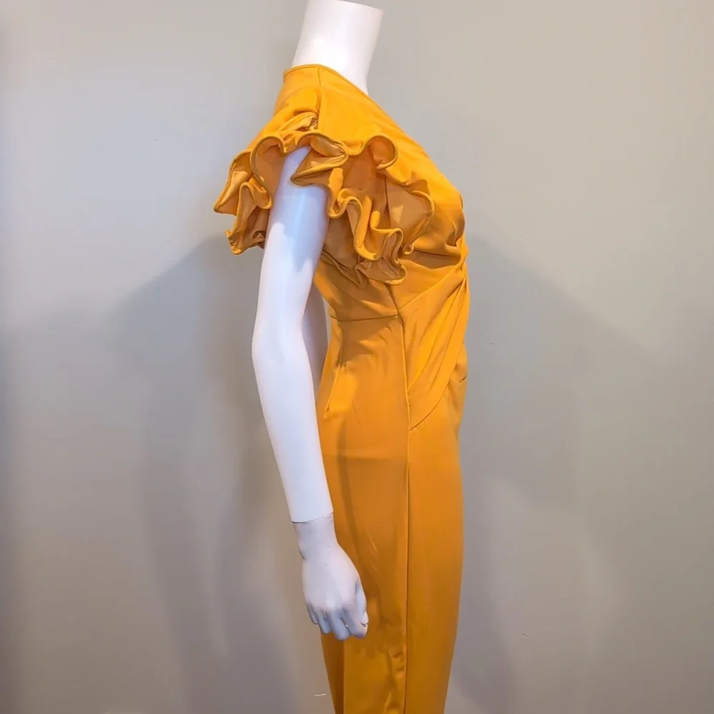 SHEIN Golden Yellow Volume Sleeve V Neck Cut Out Front Slit Back Midi Dress S
